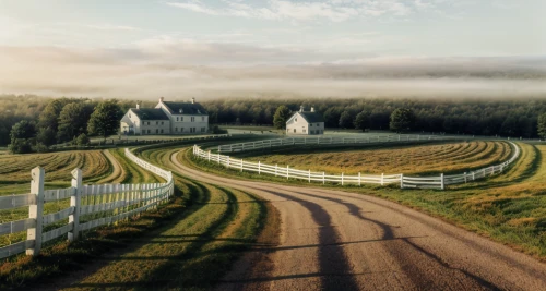 homestead,farmstead,mennonite heritage village,white picket fence,picket fence,home landscape,country house,foggy landscape,rural,farm landscape,morning mist,pastures,country side,the farm,country-side,fences,rural landscape,farms,aroostook county,north american fog