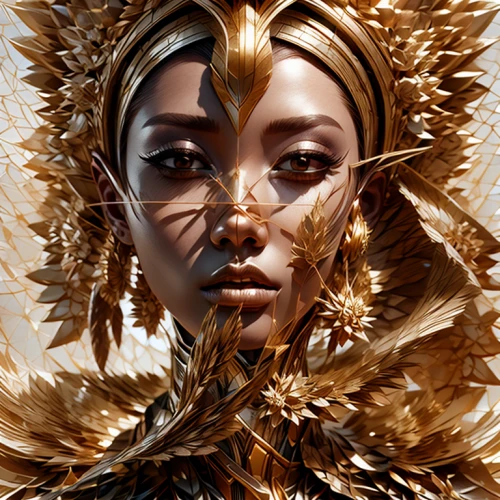 feather headdress,gold leaf,golden wreath,golden crown,fantasy portrait,gold paint stroke,headdress,golden mask,gold foil art,gold filigree,mary-gold,gold mask,gold paint strokes,gold foil,feathers,foil and gold,tears bronze,fantasy art,gold foil crown,fashion illustration