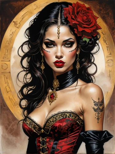 sorceress,queen of hearts,fantasy art,gothic woman,vampire woman,horoscope libra,gothic portrait,steampunk,black rose hip,vampire lady,fantasy woman,tattoo girl,red rose,voodoo woman,painted lady,zodiac sign libra,fantasy portrait,the enchantress,the zodiac sign pisces,goth woman,Illustration,Realistic Fantasy,Realistic Fantasy 10