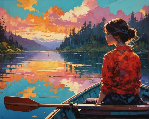 girl on the boat,boat landscape,girl on the river,evening lake,canoeing,canoe,painting technique,floating over lake,world digital painting,summer evening,oil painting on canvas,art painting,floating on the river,oil painting,row boat,fishing float,han thom,painting,landscape background,mountainlake,Photography,General,Natural