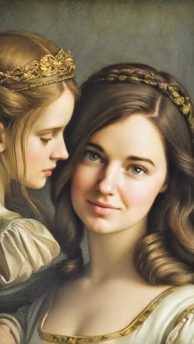 the girl's face,cepora judith,gothic portrait,mary-gold,jessamine,the prophet mary,the annunciation,oil painting on canvas,young women,two girls,romantic portrait,mirror image,celtic woman,diadem,mystical portrait of a girl,stepmother,the angel with the veronica veil,oil painting,mother and daughter,mary 1