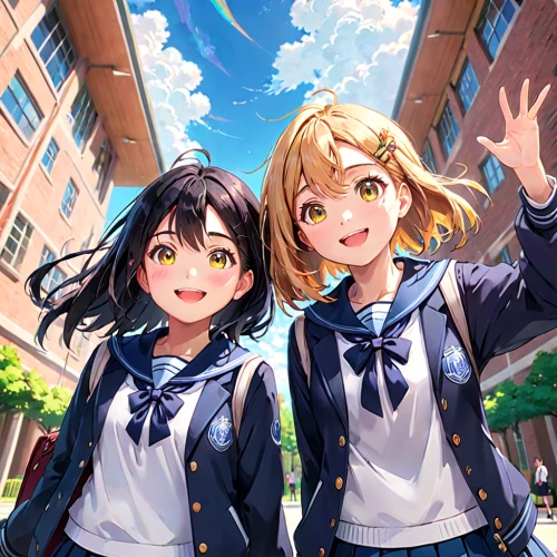 tsumugi kotobuki k-on,hand in hand,love live,citrus,blue sky,smiley girls,hands holding,waving hello,waving,two girls,spring background,clear sky,transparent background,holding hands,springtime background,cheering,ecstatic,together and happy,summer sky,hiyayakko,Anime,Anime,General