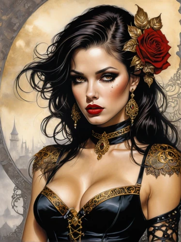 fantasy art,gothic woman,vampire woman,sorceress,black rose,wild roses,gothic portrait,vampire lady,black rose hip,queen of hearts,yellow rose background,fantasy woman,the enchantress,rosa ' amber cover,wild rose,gothic fashion,lady of the night,fantasy portrait,fantasy picture,queen of the night,Illustration,Realistic Fantasy,Realistic Fantasy 10