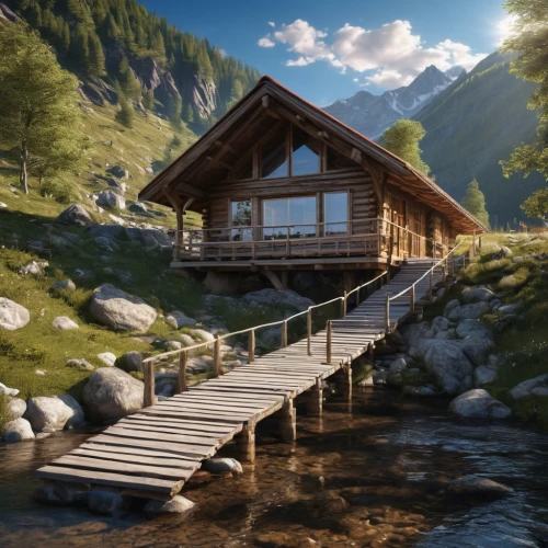 wooden bridge,house in mountains,the cabin in the mountains,house in the mountains,mountain hut,house by the water,small cabin,house with lake,mountain huts,chalet,summer cottage,wooden house,log cabin,log home,home landscape,wooden pier,berchtesgaden national park,wooden hut,boat house,alpine village,Photography,General,Natural