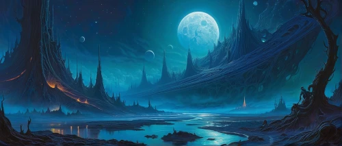 fantasy landscape,lunar landscape,fantasy picture,swampy landscape,moonscape,moonlit night,elven forest,futuristic landscape,alien world,fantasy art,blue moon,sci fiction illustration,ghost forest,alien planet,haunted forest,valley of the moon,ice planet,dark world,northrend,moonlit,Illustration,Realistic Fantasy,Realistic Fantasy 03