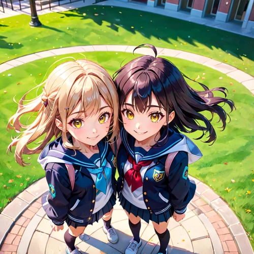 tsumugi kotobuki k-on,two girls,hand in hand,on the grass,holding hands,hands holding,euphonium,hiyayakko,poi,naginatajutsu,belfast,two friends,on the ground,girlfriends,in pairs,outside,together and happy,school children,citrus,twin flowers,Anime,Anime,General