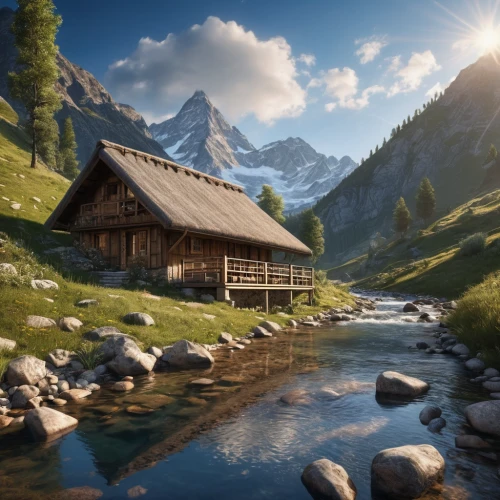 the cabin in the mountains,alpine village,house in mountains,mountain hut,house in the mountains,mountain huts,landscape background,the alps,home landscape,idyllic,alpine hut,salt meadow landscape,small cabin,log cabin,summer cottage,fantasy landscape,mountain scene,alpine region,alps,swiss alps,Photography,General,Natural