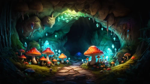 fairy village,the blue caves,blue caves,blue cave,cave tour,fairy world,mushroom landscape,fairy forest,scandia gnomes,cave,enchanted forest,dungeons,druid grove,magical adventure,dungeon,caving,mushroom island,pit cave,fantasy picture,cartoon video game background