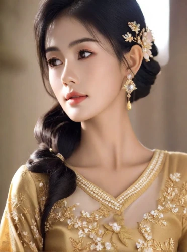 hanbok,ao dai,mandu,vintage asian,arang,oriental princess,jasmine blossom,sari,golden weddings,xuan lian,songpyeon,gold jewelry,elegant,gold color,asian woman,romantic look,oriental girl,kaew chao chom,gold filigree,golden color