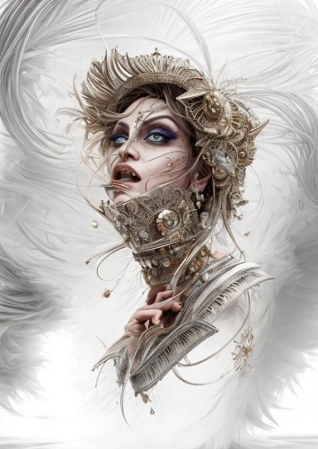 fashion illustration,white feather,the angel with the veronica veil,the snow queen,faery,white rose snow queen,image manipulation,photo manipulation,feather headdress,feathers,wind machine,masquerade,tulle,photomanipulation,the carnival of venice,faerie,baroque angel,ostrich feather,harpy,feathered,Common,Common,Fashion