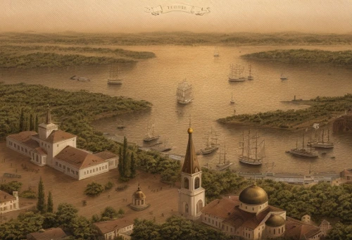 constantinople,lev lagorio,airships,venetian lagoon,monkey island,thimble islands,ancient city,regatta,caravel,vizcaya,petersburg,odessa,sepia,game illustration,lavezzi isles,boat landscape,crimea,19th century,old port,sailing ships,Architecture,Urban Planning,Aerial View,Urban Design