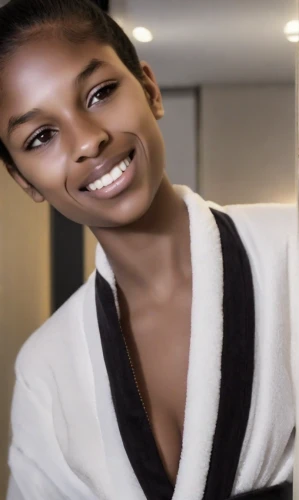 bathrobe,artificial hair integrations,uploading,ebony,facial,beauty face skin,healthy skin,in a towel,maria bayo,retouching,nigeria woman,natural cosmetic,beauty treatment,beautiful face,rendering,applying make-up,video scene,natural cosmetics,somali,skin care