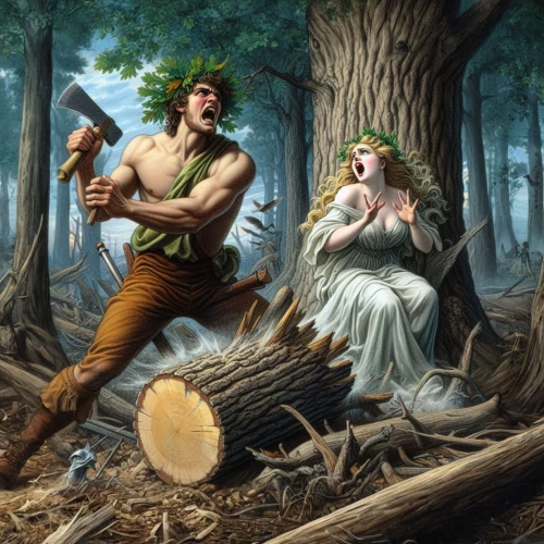 adam and eve,game illustration,biblical narrative characters,forest workers,woodsman,greek myth,fantasy picture,hunting scene,heroic fantasy,fantasy art,fairytale characters,digital compositing,children's fairy tale,stone age,greek mythology,cd cover,robin hood,fable,art bard,bard