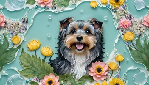 bearded collie,yorkshire terrier,schnauzer,biewer yorkshire terrier,floral background,australian silky terrier,wood daisy background,flower background,dog illustration,skye terrier,yorkie,watercolor floral background,miniature schnauzer,portrait background,springtime background,old english terrier,floral digital background,standard schnauzer,morkie,tibetan terrier,Conceptual Art,Fantasy,Fantasy 24