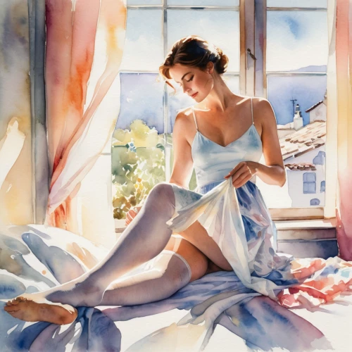 girl with cloth,girl in cloth,spring morning,fabric painting,woman on bed,laundress,watercolor blue,bedroom window,carol m highsmith,window sill,italian painter,windowsill,dressmaker,art painting,nightgown,window curtain,the girl in nightie,window covering,watercolor painting,painter,Illustration,Paper based,Paper Based 25