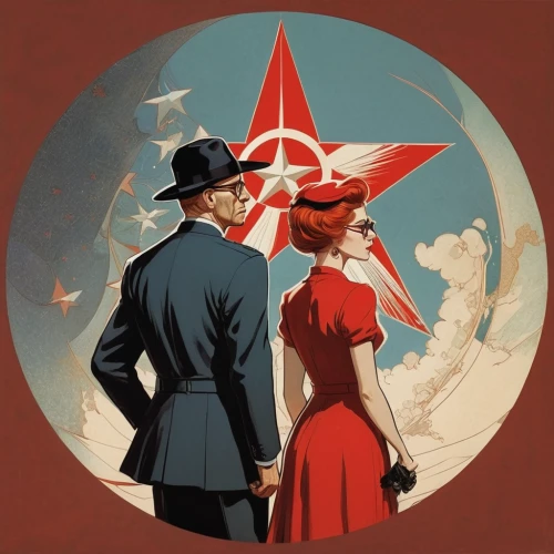 ussr,atomic age,soviet union,sputnik,telegram,maraschino,steam icon,yuri gagarin,spy visual,civil defense,vintage man and woman,red russian,travel poster,spy,propaganda,red hat,allied,on a red background,twenties of the twentieth century,film poster,Illustration,Realistic Fantasy,Realistic Fantasy 04