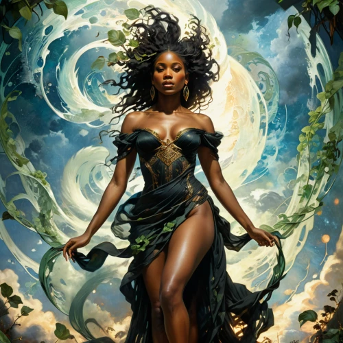 dryad,the enchantress,mother earth,fantasy woman,sorceress,fantasy art,faerie,black woman,mother nature,tiana,african american woman,the zodiac sign pisces,zodiac sign libra,fantasy picture,celtic queen,african woman,fantasy portrait,goddess of justice,background ivy,mythological,Conceptual Art,Fantasy,Fantasy 05