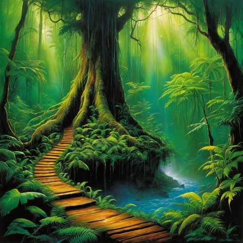 green forest,tree top path,rainforest,forest landscape,forest path,rain forest,holy forest,enchanted forest,forest of dreams,the mystical path,fairy forest,elven forest,fairytale forest,old-growth forest,greenforest,forest glade,the forest,the forests,forest road,wooden path,Illustration,Realistic Fantasy,Realistic Fantasy 32