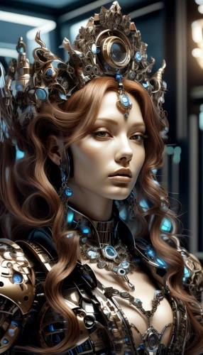 crown render,imperial crown,queen cage,biomechanical,artificial hair integrations,celtic queen,cybernetics,fractal design,cuirass,blue enchantress,steampunk,ice queen,fractalius,monarch online london,golden crown,painted lady,the carnival of venice,queen crown,humanoid,priestess
