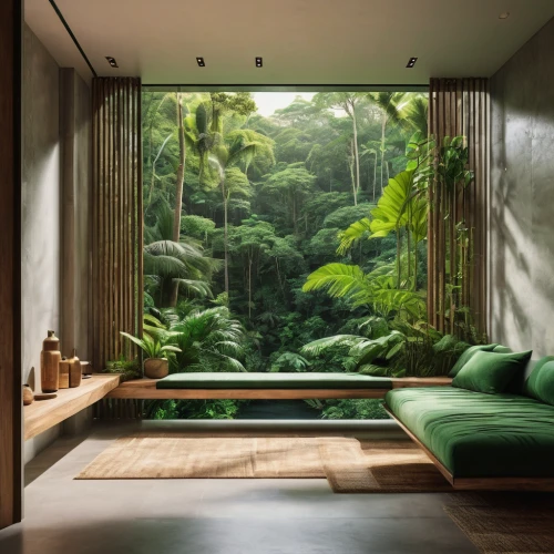 bamboo curtain,tropical greens,green living,greenforest,tropical jungle,rain forest,tropical house,japanese-style room,rainforest,bamboo plants,zen garden,sitting room,ryokan,green waterfall,living room,hawaii bamboo,green forest,beautiful home,chaise lounge,great room,Photography,General,Natural
