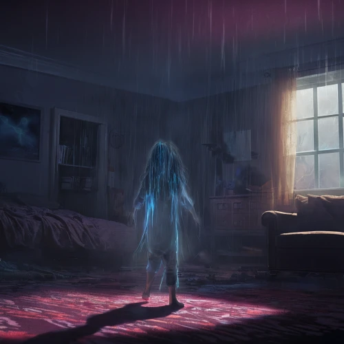 ghost girl,the little girl's room,the girl in nightie,blue rain,blue room,ghosts,the ghost,thunderstorm mood,haunted,concept art,the haunted house,paranormal phenomena,haunting,ghost background,abandoned room,blue light,abduction,cold room,ghost,apparition,Conceptual Art,Fantasy,Fantasy 02