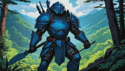 knight armor,paladin,the wanderer,knight,lone warrior,northrend,mountain guide,armor,forest man,hunter's stand,cleanup,knight tent,fantasy warrior,dane axe,armored,armour,blue painting,kadala,defense,forest background