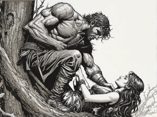 adam and eve,romance novel,warrior and orc,tarzan,dryad,amorous,heroic fantasy,greek myth,daemon,book illustration,hand-drawn illustration,the cradle,werewolf,lover's grief,red riding hood,black couple,sci fiction illustration,man and woman,the enchantress,the branches of the tree,Illustration,American Style,American Style 02