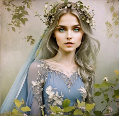 fairy queen,faery,faerie,jessamine,fantasy portrait,mystical portrait of a girl,girl in a wreath,dryad,beautiful girl with flowers,the angel with the veronica veil,fairy tale character,romantic portrait,bridal,enchanting,fantasy art,bridal veil,flower fairy,fairy,the enchantress,elven flower