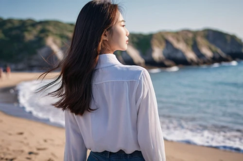 beach background,long-sleeved t-shirt,girl on the dune,blouse,long-sleeve,by the sea,girl in a long dress from the back,sea breeze,girl in white dress,girl in t-shirt,beach walk,girl in a long dress,asian semi-longhair,japanese woman,seaside daisy,walk on the beach,girl walking away,women clothes,beach scenery,seashore,Photography,General,Natural