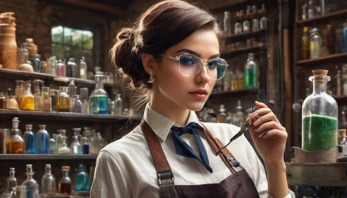 barmaid,chemist,librarian,bartender,apothecary,telephone operator,clerk,female doctor,switchboard operator,watchmaker,waitress,women's cosmetics,optician,book glasses,vintage makeup,cashier,distilled beverage,barman,pharmacist,reading glasses