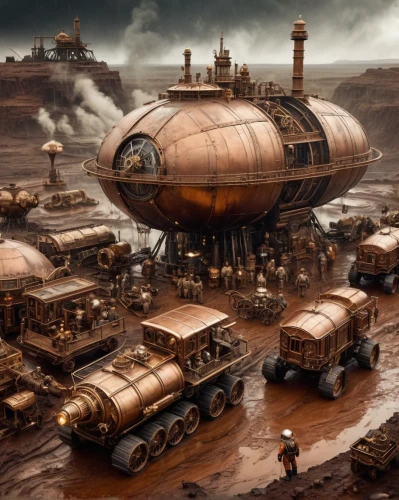 post-apocalyptic landscape,steampunk,mining facility,wasteland,industrial landscape,airships,metallurgy,metal tanks,futuristic landscape,post apocalyptic,tank cars,planet mars,gold mining,heavy water factory,terraforming,mining excavator,iron ore,red planet,mining,oil tank,Illustration,Realistic Fantasy,Realistic Fantasy 13