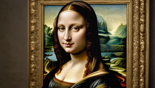 the mona lisa,mona lisa,leonardo da vinci,meticulous painting,photo painting,italian painter,vinci,digiart,art painting,painting technique,girl-in-pop-art,botticelli,copper frame,golden frame,gold stucco frame,paintings,girl with a pearl earring,louvre,portrait background,woman's face,Photography,General,Natural