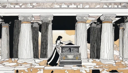 ancient greek temple,classical antiquity,doric columns,three pillars,pantheon,the parthenon,greek temple,columns,parthenon,school of athens,pillars,athenian,acropolis,antiquity,house with caryatids,justitia,the death of socrates,roman temple,roman columns,athenaeum,Illustration,American Style,American Style 06