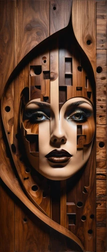 wood mirror,wooden mask,wood art,art deco woman,wooden mannequin,wood carving,wooden figure,wooden doll,woman face,carved wood,decorative figure,made of wood,woman's face,on wood,wooden man,african art,plywood,wooden figures,decorative art,art deco frame,Illustration,Realistic Fantasy,Realistic Fantasy 40