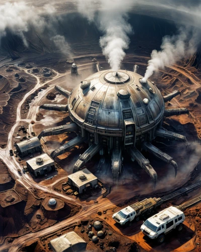 mining facility,lignite power plant,moon base alpha-1,el tatio,shield volcano,open pit mining,district 9,dust plant,geothermal energy,del tatio,terraforming,area 51,solar cell base,geothermal,development concept,cooling tower,io centers,metallurgy,refinery,stargate,Conceptual Art,Sci-Fi,Sci-Fi 02
