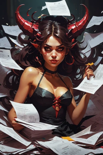devil,scarlet witch,girl studying,paperwork,bookworm,study,sci fiction illustration,librarian,bookkeeper,index cards,folders,imp,pile of books,twitch icon,massively multiplayer online role-playing game,tutor,todo-lists,post its,post-it note,fantasy portrait,Conceptual Art,Fantasy,Fantasy 06