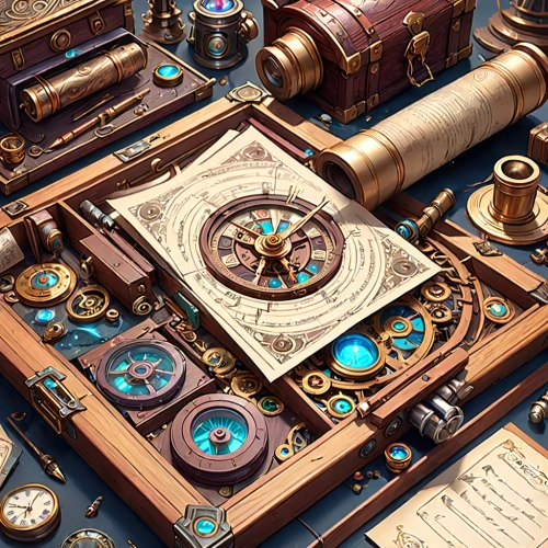steampunk gears,watchmaker,steampunk,clockmaker,treasure chest,pirate treasure,mechanical puzzle,caravel,antiquariat,chronometer,bearing compass,treasure map,game illustration,wooden mockup,clockwork,grandfather clock,collected game assets,gnome and roulette table,music chest,trinkets,Anime,Anime,General