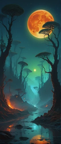 mushroom landscape,fantasy landscape,lunar landscape,alien planet,alien world,fantasy picture,mushroom island,moonscape,halloween background,futuristic landscape,fantasy art,barren,moonlit night,moons,scorched earth,fire planet,swampy landscape,moonrise,ghost forest,planet alien sky,Illustration,Realistic Fantasy,Realistic Fantasy 44