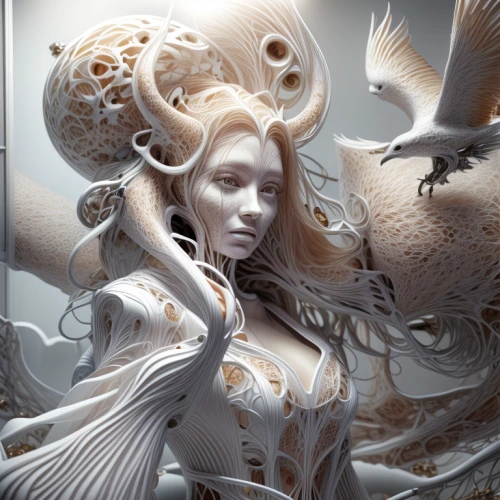 sci fiction illustration,fractals art,fantasy art,biomechanical,fractal design,harpy,3d fantasy,fantasy portrait,heroic fantasy,dryad,fantasy picture,silkworm,faerie,faery,the zodiac sign pisces,nautilus,silver octopus,game illustration,merfolk,antasy