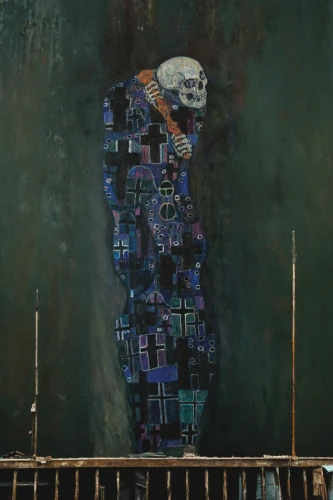 woman hanging clothes,oil on canvas,meticulous painting,kowloon city,mondrian,public art,man with saxophone,transistor,pierrot,hanged man,urban art,high-wire artist,fragmentation,decorative figure,silo,mosaic,athens art school,art dealer,a sinking statue of liberty,blue painting