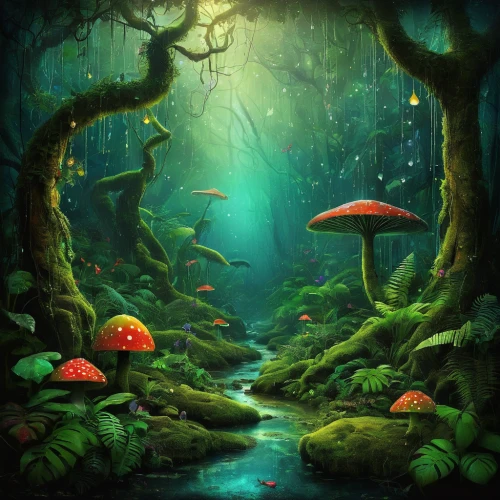 mushroom landscape,cartoon video game background,fairy forest,mushroom island,fantasy landscape,fairy world,fantasy picture,enchanted forest,forest mushroom,toadstools,forest mushrooms,frog background,fairytale forest,cartoon forest,forest floor,fairy village,mushrooms,elven forest,toadstool,world digital painting,Illustration,Abstract Fantasy,Abstract Fantasy 01