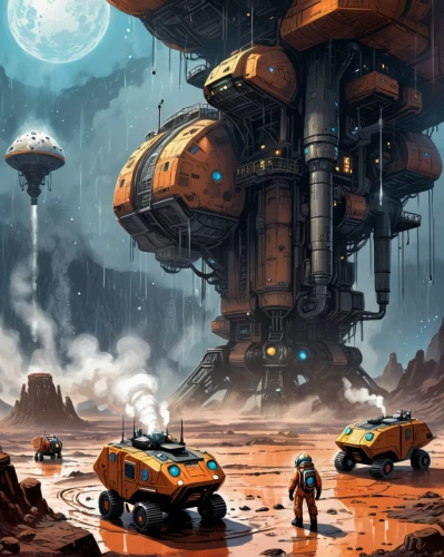 futuristic landscape,sci fiction illustration,sci fi,scifi,sci-fi,sci - fi,science fiction,gas planet,post-apocalyptic landscape,alien world,science-fiction,alien planet,mining facility,airships,tau,space port,terraforming,red planet,space ships,mining excavator,Illustration,American Style,American Style 13