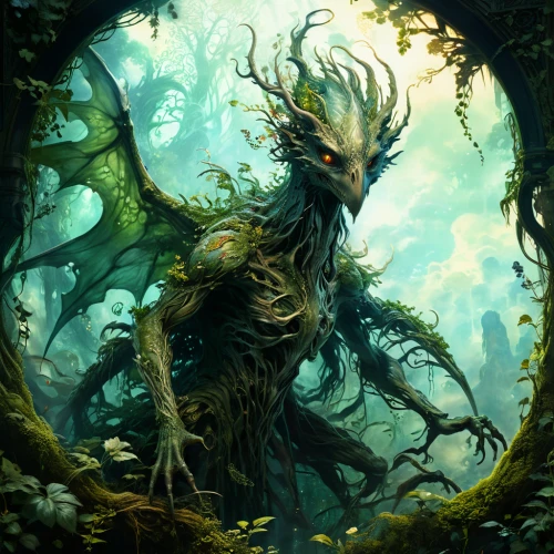 dryad,forest dragon,dragon tree,tree man,elven forest,green dragon,gnarled,groot,creepy tree,faerie,rooted,druid grove,forest man,faery,swampy landscape,celtic tree,uprooted,supernatural creature,magic tree,green tree,Conceptual Art,Fantasy,Fantasy 05