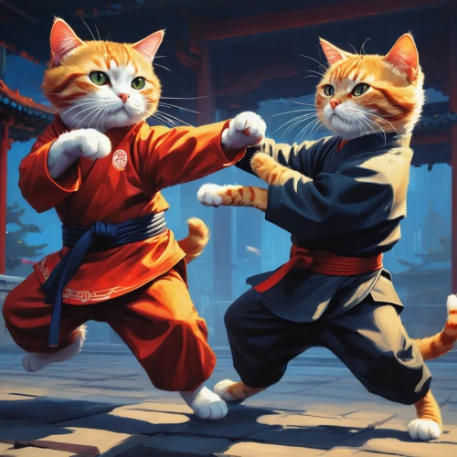 martial arts,karate,japanese martial arts,jeet kune do,kung fu,kungfu,sanshou,jujitsu,battōjutsu,cat warrior,fight,sambo (martial art),wushu,cats playing,shaolin kung fu,jujutsu,friendly punch,sparring,iaijutsu,savate,Conceptual Art,Fantasy,Fantasy 19
