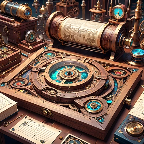 steampunk gears,clockmaker,treasure chest,steampunk,mechanical puzzle,scientific instrument,pirate treasure,antiquariat,watchmaker,wooden mockup,astronomical clock,sextant,grandfather clock,caravel,scrolls,music box,apothecary,clockwork,magnetic compass,orrery,Anime,Anime,General