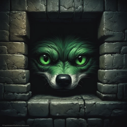 splinter,rescue alley,raccoon,alley cat,rocket raccoon,creeper,cheshire,coatimundi,creeping animal,fox,creepy doorway,hole in the wall,raccoons,wall,lemur,szymbark,prisoner,green animals,feral,fenek,Conceptual Art,Fantasy,Fantasy 01