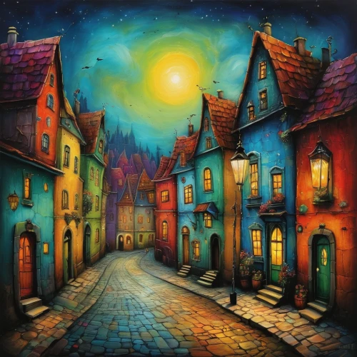 night scene,the cobbled streets,medieval street,cobblestones,hamelin,cobblestone,aurora village,art painting,fantasy art,rothenburg,medieval town,escher village,half-timbered houses,townscape,moonlit night,oil painting on canvas,colorful city,old town,fantasy picture,light of night,Illustration,Abstract Fantasy,Abstract Fantasy 01
