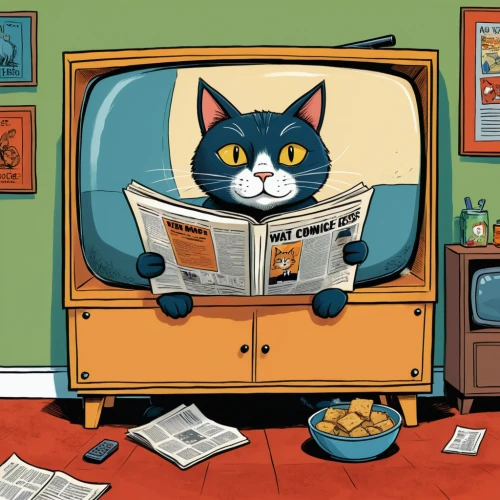 reading the newspaper,cat watching television,cat cartoon,newsreader,newspaper reading,watch tv,reading newspapaer,tv,retro television,newspapers,television,news media,newscaster,tv channel,cartoon cat,newspaper advertisements,television program,tv set,television set,telework,Illustration,American Style,American Style 13