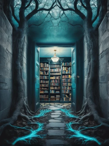 sci fiction illustration,fantasy picture,mystery book cover,book store,underground lake,bookshelves,books,bookstore,dark art,the books,cartoon video game background,book wall,bookshop,fantasy art,magic book,witch's house,blue room,abandoned room,a dark room,library book