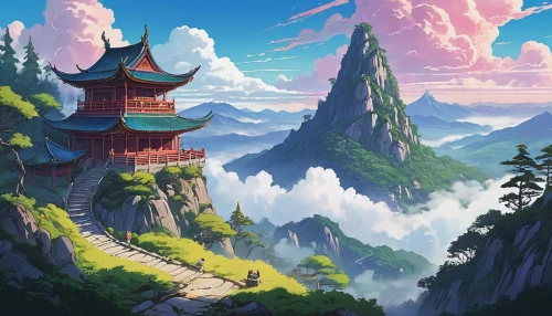 meteora,chinese temple,fantasy landscape,mountain scene,chinese clouds,mountain landscape,mountain settlement,landscape background,tigers nest,high mountains,studio ghibli,high landscape,bird kingdom,mountainous landscape,mulan,chinese background,world digital painting,asian architecture,mountains,roof landscape